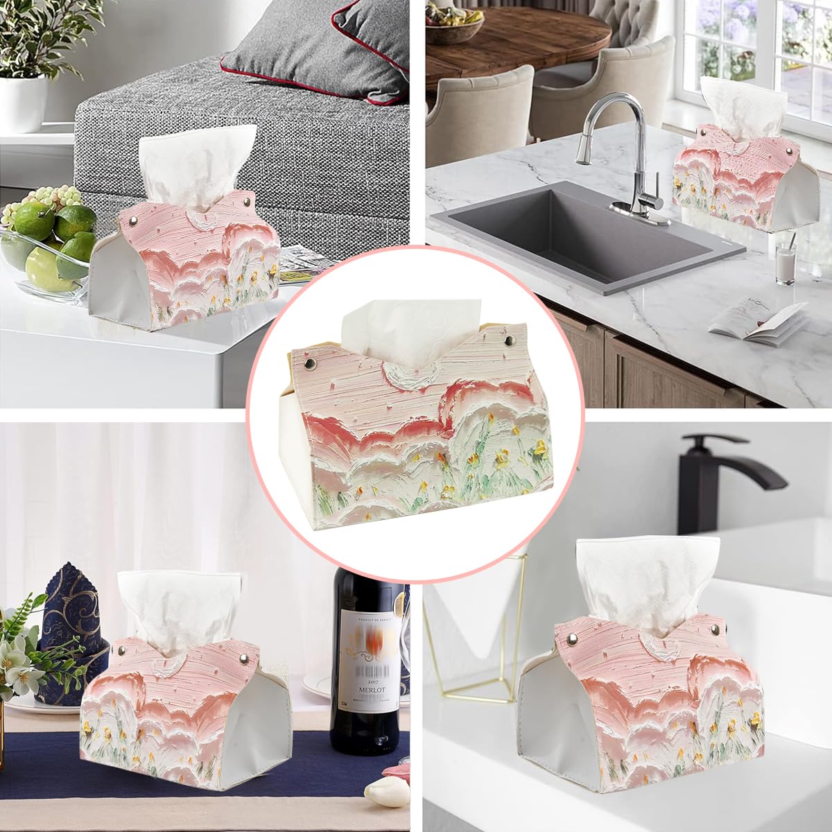 HASTHIP Car Tissue Box Tissue Paper Box PU Pink Floral Print Face Tissue Box Holder High Class Tissue Box Holder for Living Room, Office, Car, 19x14cm