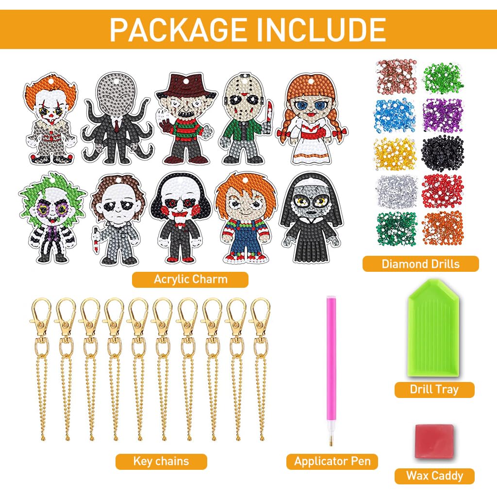 PATPAT 10Pcs Halloween Diamond Art Keychains Horror Movie DIY Diamond Keychain Scary Stuff Halloween Gifts for