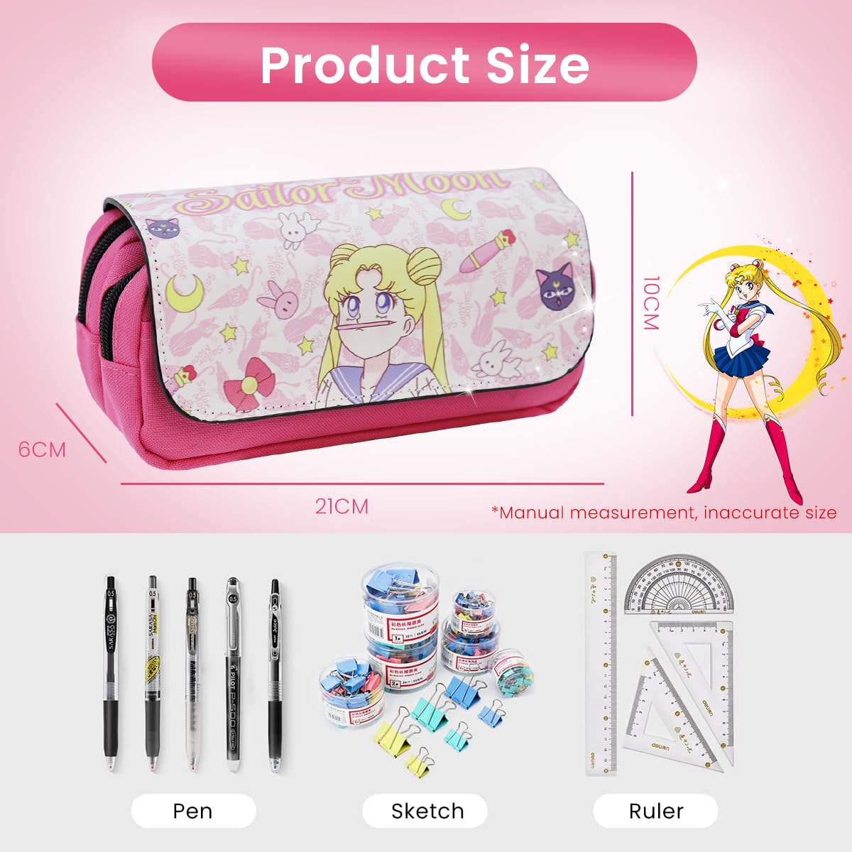 FANCYKU Sailor Moon Pencil Case, Large Capacity Pencil Pouch for Girl, Anime Pencil Pouch, Cartoon Prints Pen Pouch, Cute Back to School Stationery College Pencil Pouch Kids School Accessories