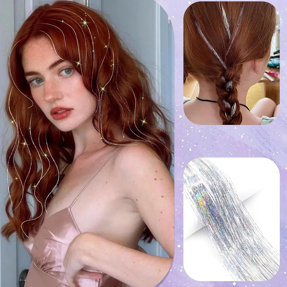 MAYCREATE 6pcs Hair Tinsel Hair Extensions for Women Girls Glitter Clip-in Fairy Hair Tinsels Sparkling Tinsel for Party Festival Cosplay - 20inch, Silver