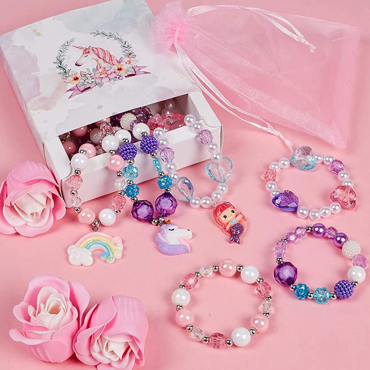 SANNIDHI® Set of 3 Necklace Bracelet Set for Girls Princess, Unicorn Mermaid Rainbow Charms Beads Necklaces Stretchy Chunky Jewelry Kit for Toddlers Kids Dress Up Costume Party