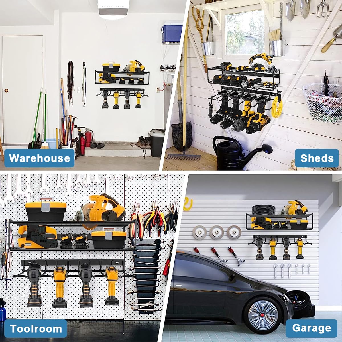 HASTHIP Electric Tool Organizer Rack Wall Mount, Metal Heavy Duty Floating Tool Shelf, 3 Layers Cordless Drill Storage Rack, Screwdriver and Drill Holder, Battery Rack for Garage