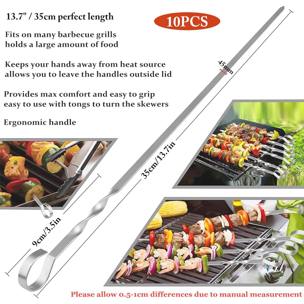 HASTHIP 10pcs Skewers for Grilling BBQ, 35cm Stainless Steel Kebab Skewers, Reusable BBQ Sticks for Vegetables, Meat, Chicken