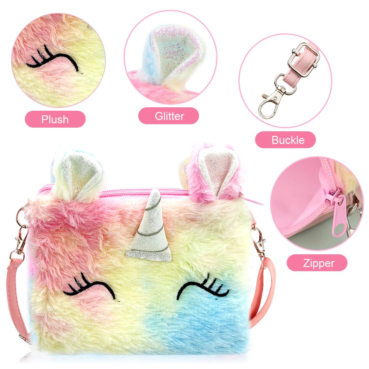SANNIDHI Unicorn Jewellery Set for Girls, Cute Cartoon Fluffy Sling Bag Beaded Necklace Bracelet Earrings Ring & Hair Clips Kit, Fashion Party Dress up Jewelry Unicorn Gifts for Girls Kids