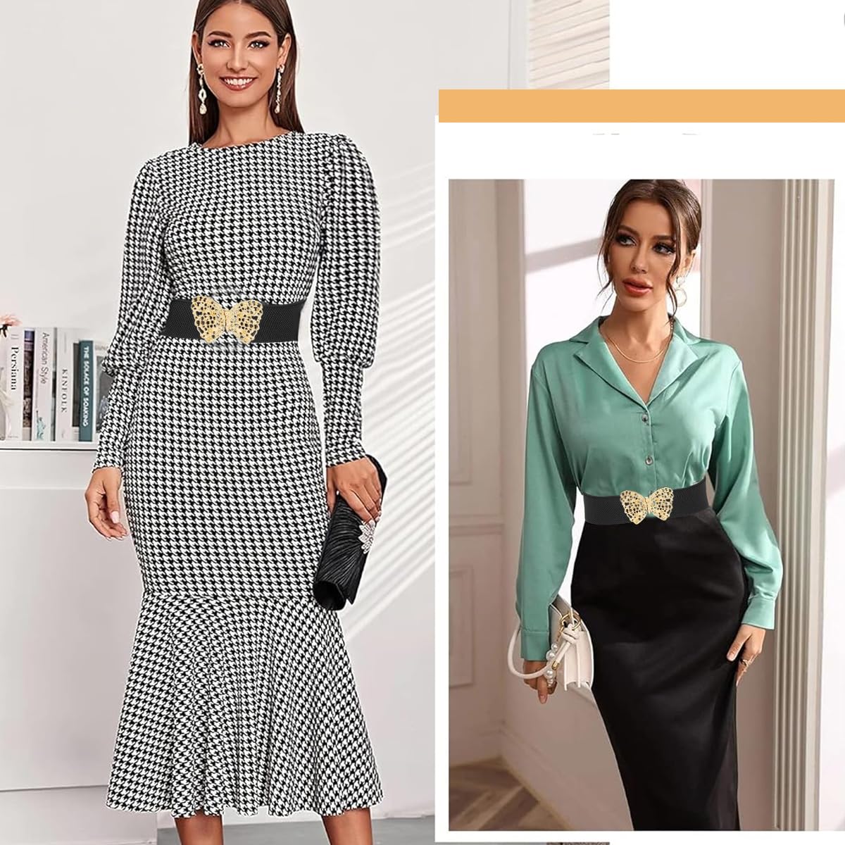 PALAY Waist Belt for Women Wide Elastic Black Belt for Women Dresses Fashion Metal Butterfly Interlock Buckle Stretchy Ladies Belt