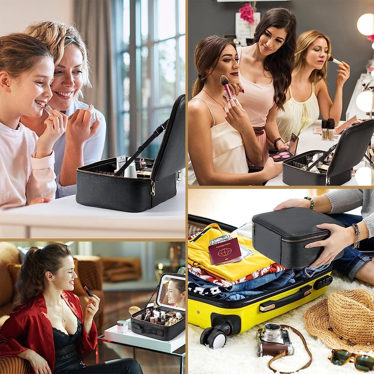 MAYCREATE Travel Makeup Organizer Pouch with 4K Vanity Mirror & LED Fill Light(3 Modes, Stepless Dimming), Cosmetic Brushes Storage Bag Case- Adjustable Dividers, Waterproof