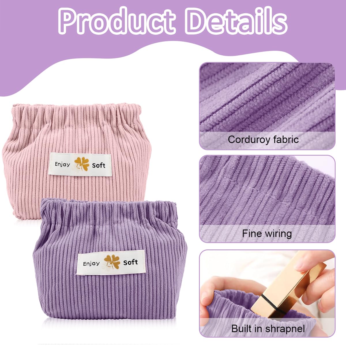 MAYCREATE 2pcs Small Makeup Pouch Lipstick Cosmetic Bag Corduroy Pouches for Women Storage Coin Pouch Travel Jewelry Organizer Bag - Self Closing (Pink & Purple)