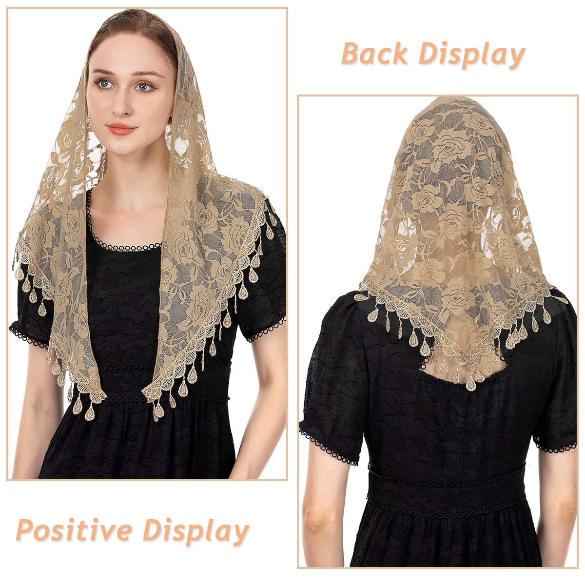 PALAY Mass Veil for Women, Triangle Chapel Mantilla Lace Veil Shawl, Embroidery Rose Tassle Head Scarf Covering, Ladies Church Cathedral Headwear(Brown)