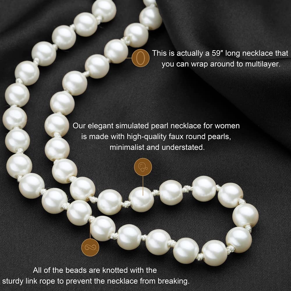 SANNIDHI Pearl Necklace for Women Girls 3 Layer 59inch Long Choker Cream White Faux Pearls Strand Necklace Fashion Elegant Jewelry