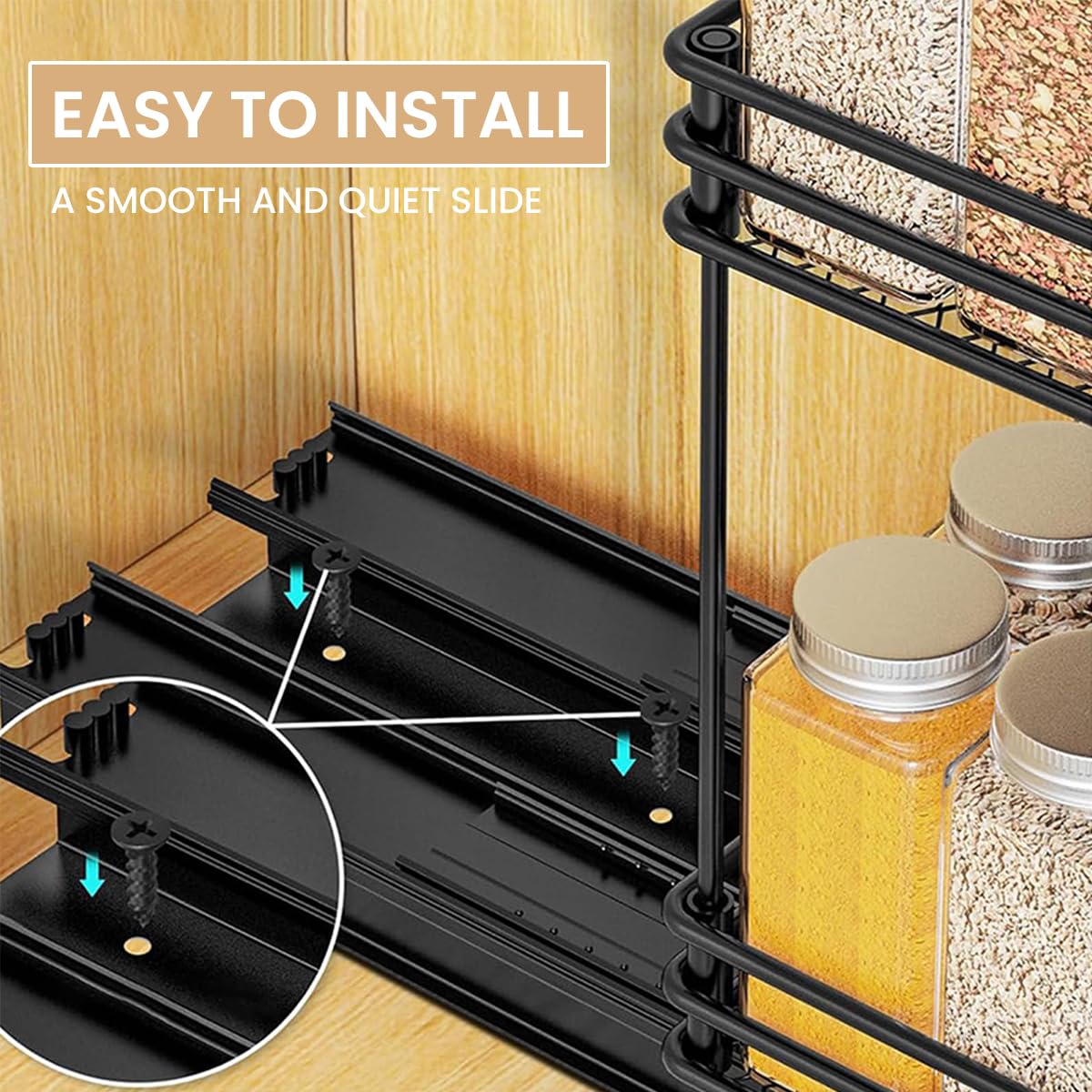 HASTHIP Kitchen Organizer Double Layer Seasoning Bottle Organizer Rack Pull Out Cabinet Organizer Rack Space Saving Seasoning Jar Organizer Holder for Countertop, Cabinet, Shelf, 26x15x21.8cm