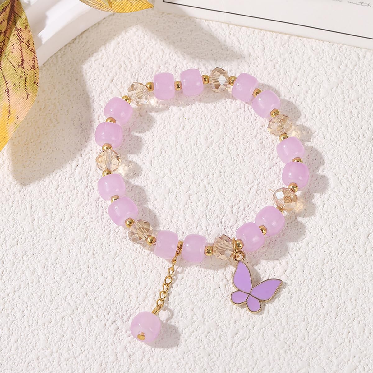 ZIBUYU Girls Beaded Bracelet Purple Butterfly Charm Beaded Bracelet Fashion Elastic Crystal Glass Beaded Bracelet Jewelry Gift Bracelet for Girls Women