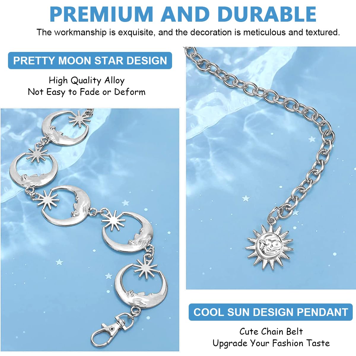 PALAY Woman Waist Belt Moon Star Metal Chain Belt for Women Stylish Ladies Belly Belt Accessories for Blazer, Suit, Dress, Jeans, Gown (Silver)