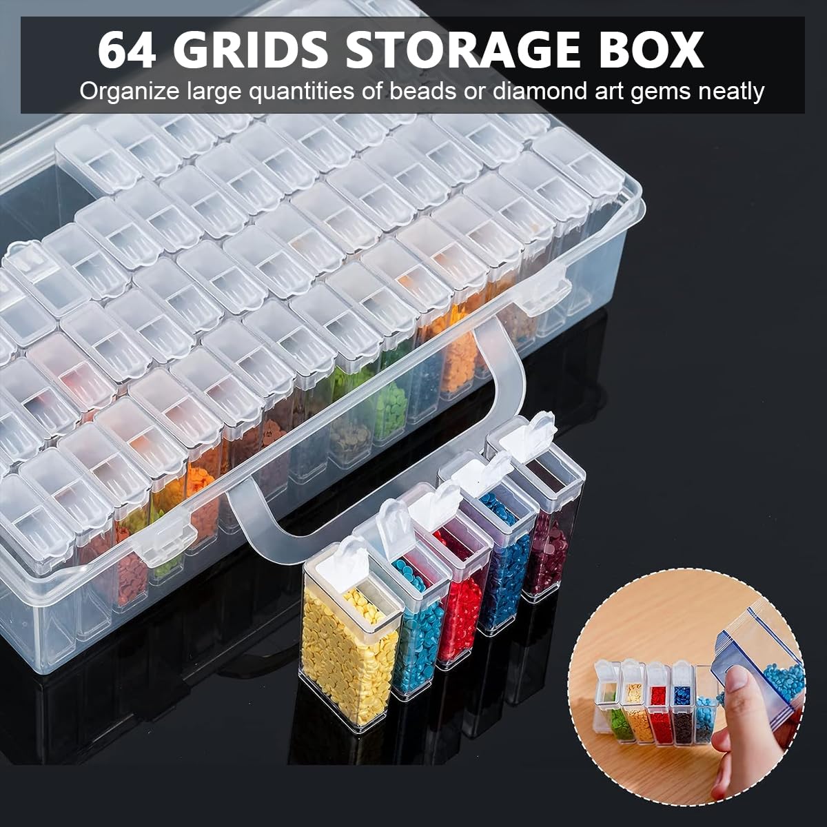 HASTHIP 64 Grids Diamond Painting Storage Box, Diamond Painting Accessories Storage with Pick Up Pens, Diamond Trays, Spoon, Tweezers, Label Sticker