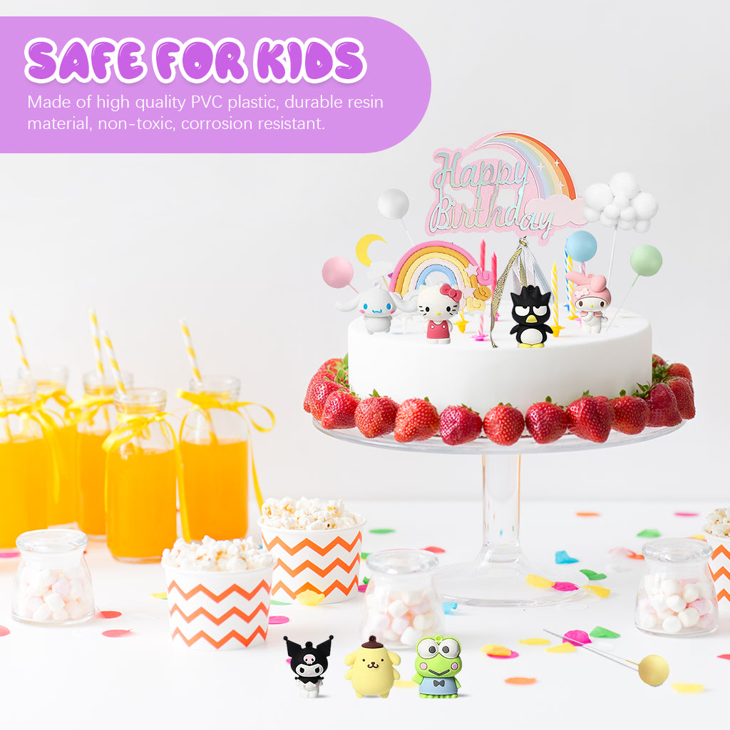 HASTHIP® 18Pcs Cute Cake Toppers Set 1.9inches Kuromi Melody Cinnamoroll Cake Toppers Cartoon Sanrio-themed Rainbow Color Ballon Cake Topper for Shower Party, Birthday Party