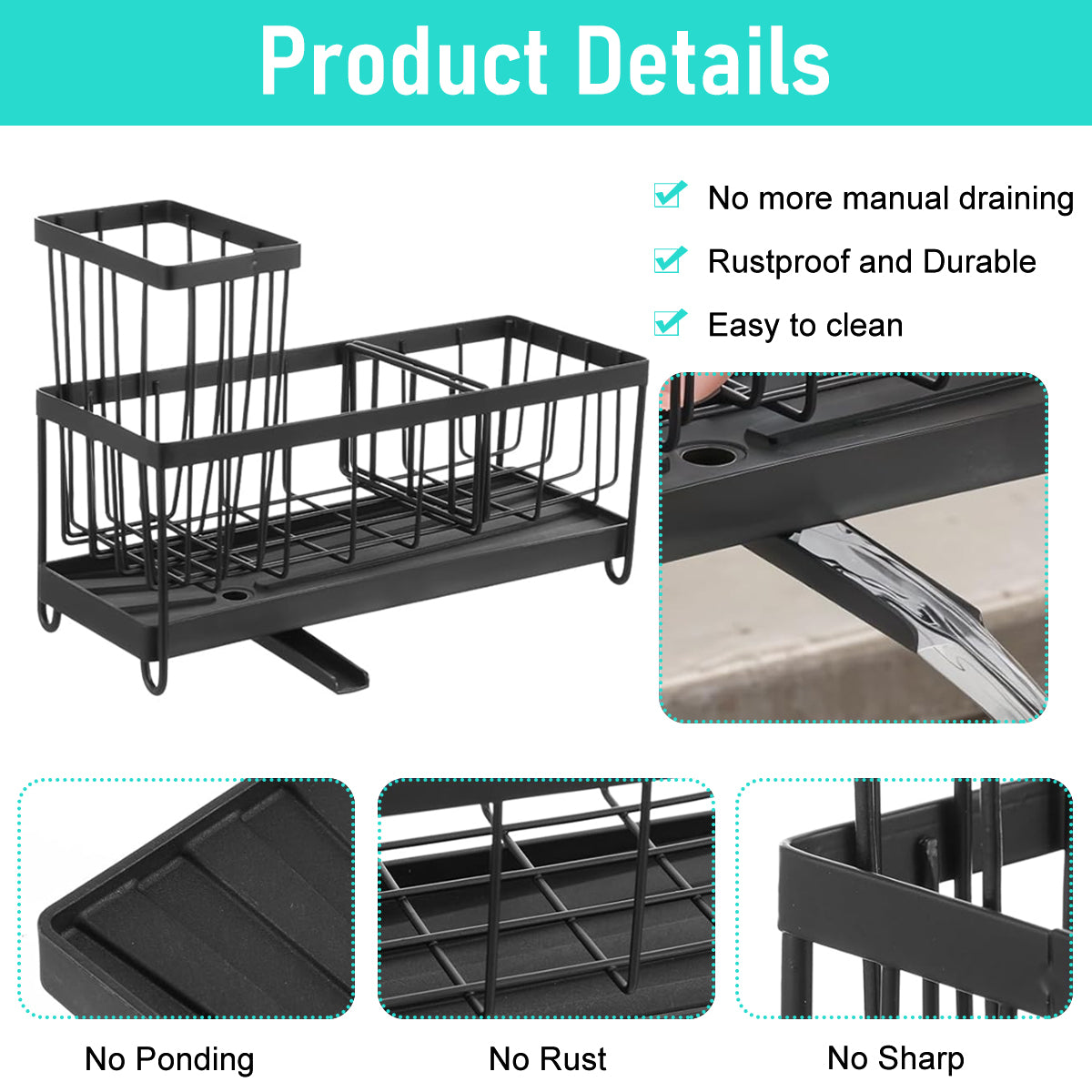 HASTHIP Kitchen Sink Organizer Sponge Holder Kitchen Sponge Holder Rag Holder Dish Sponge Drain Rack Self-draining Drain Design Carbon Steel Modern Kitchen Sink Organizer, 23x19x16cm