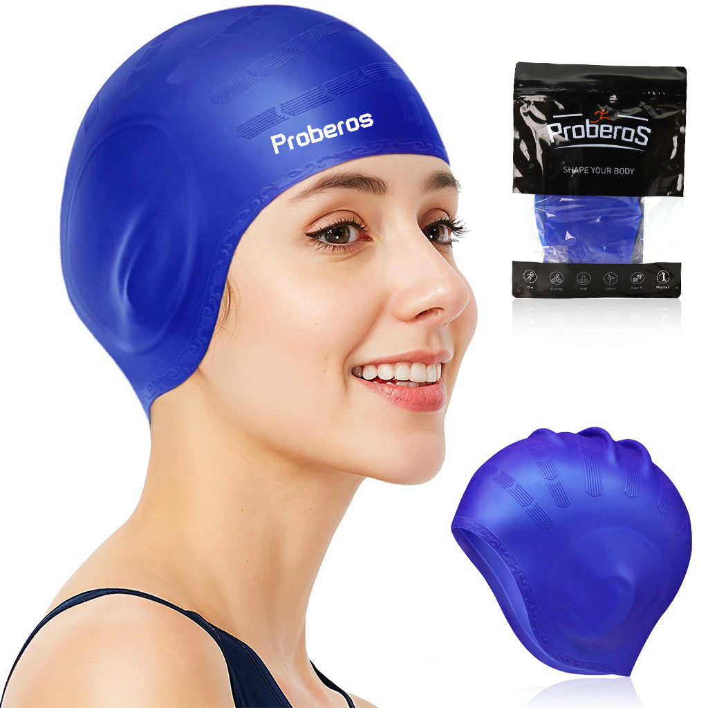 Proberos Silicone Swim Cap, Classic Silicone Swimming Cap for Adults, Swimming Cap Long Hair, Swimming Pool Cap, Waterproof Silicone Swimming Cap for Adult Woman and Men Fit Blue
