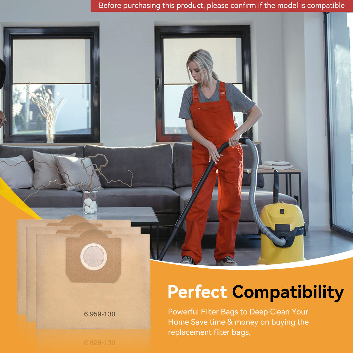Verilux 6Pcs Vacuum Cleaner Dust Bags for Karcher Vacuum Cleaner WD3/MV3 Dry Use Replacement 6.959-130 Paper Filter Bags for Karcher WD3/MV3