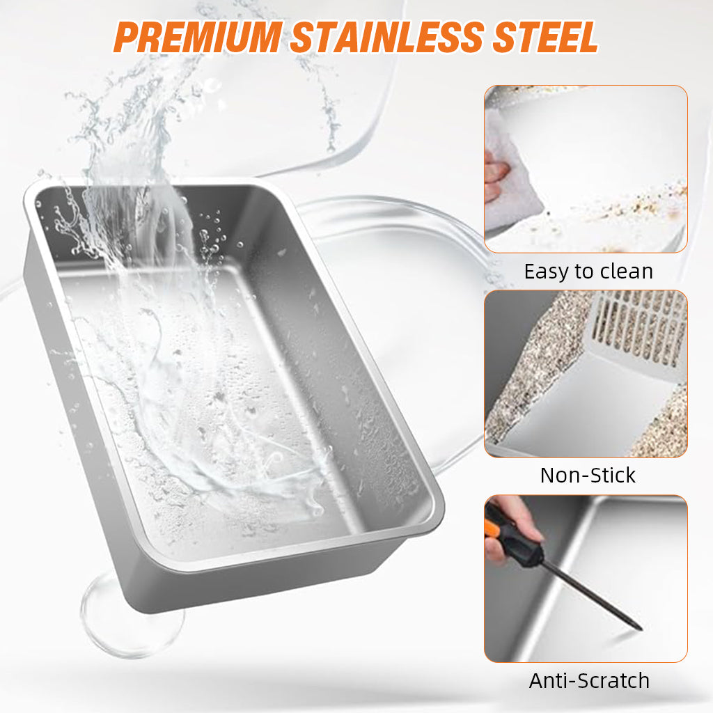 Qpets Stainless Steel Cat Litter Box Dual Doors Anti-Odor Cat Litter Box with Air Vent Includes Cat Litter Catcher & Cat Litter Scoop Enclosed Cat Litter Box with Flip Up Lid, 40x60x39cm