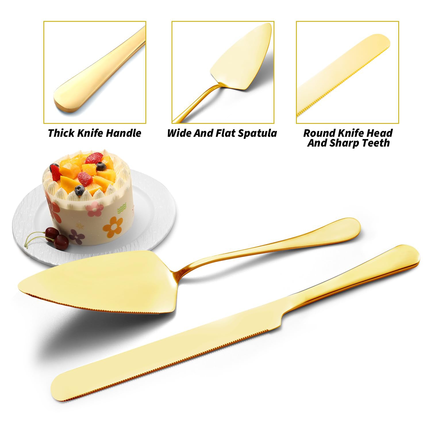 HASTHIP Cake Cutter Cake Server Set Golden Stainless Steel Serrated Edge Cutter Triangle Cake Server for Birthday Cake, Pizza, Pie, Kitchen Tool, Party Supplies