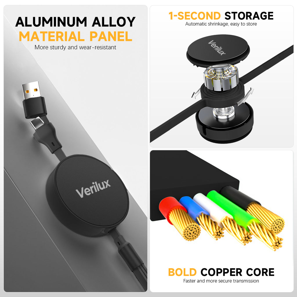 Verilux 3 in 1 USB to Type C Cable, PD 100W Multi USB A/C to USB C/Light-ning/Micro USB Cable, 3.6FT Retractable Car Charger Type C Cable for iPhone 16/15/14, Galaxy S24/S23, Android, Laptop