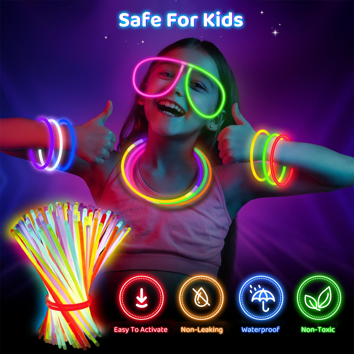 PATPAT Glow Sticks Pack of 100 Mixed Color, Glow In Dark Stick Glowing Toys Fluorescence Stick Bracelet Rings Glowing Wrist Rings Magic Stick for Kids Party Supplies Party Accessories
