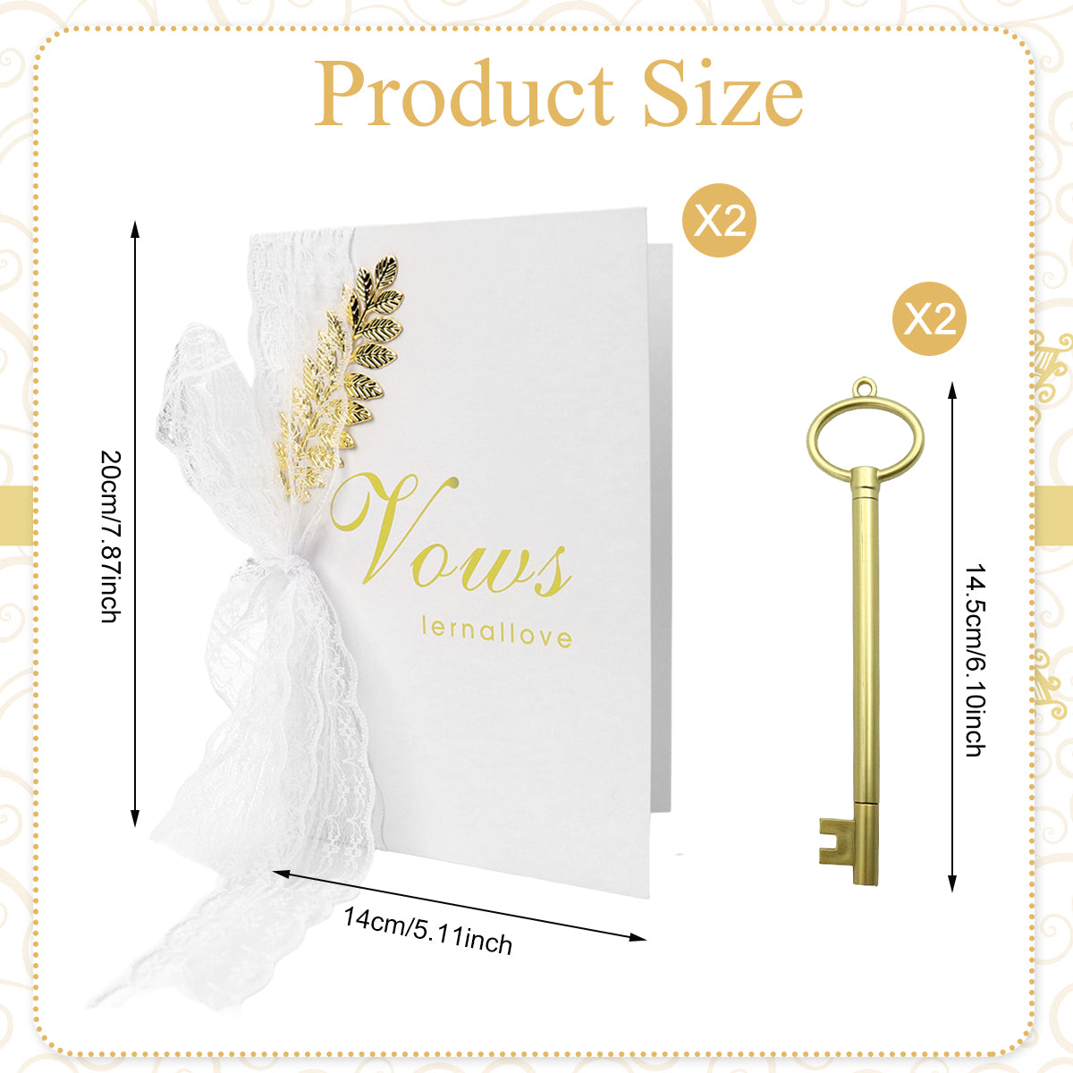 PATPAT Greeting Card for Love, 2Pcs Gold Foil Elegant Wedding Vow Cards with 2Pcs Key Pens, Love Cards Best Wishes Card For Weddings And More Note Card Congratulations Card Keepsake for Brides Grooms