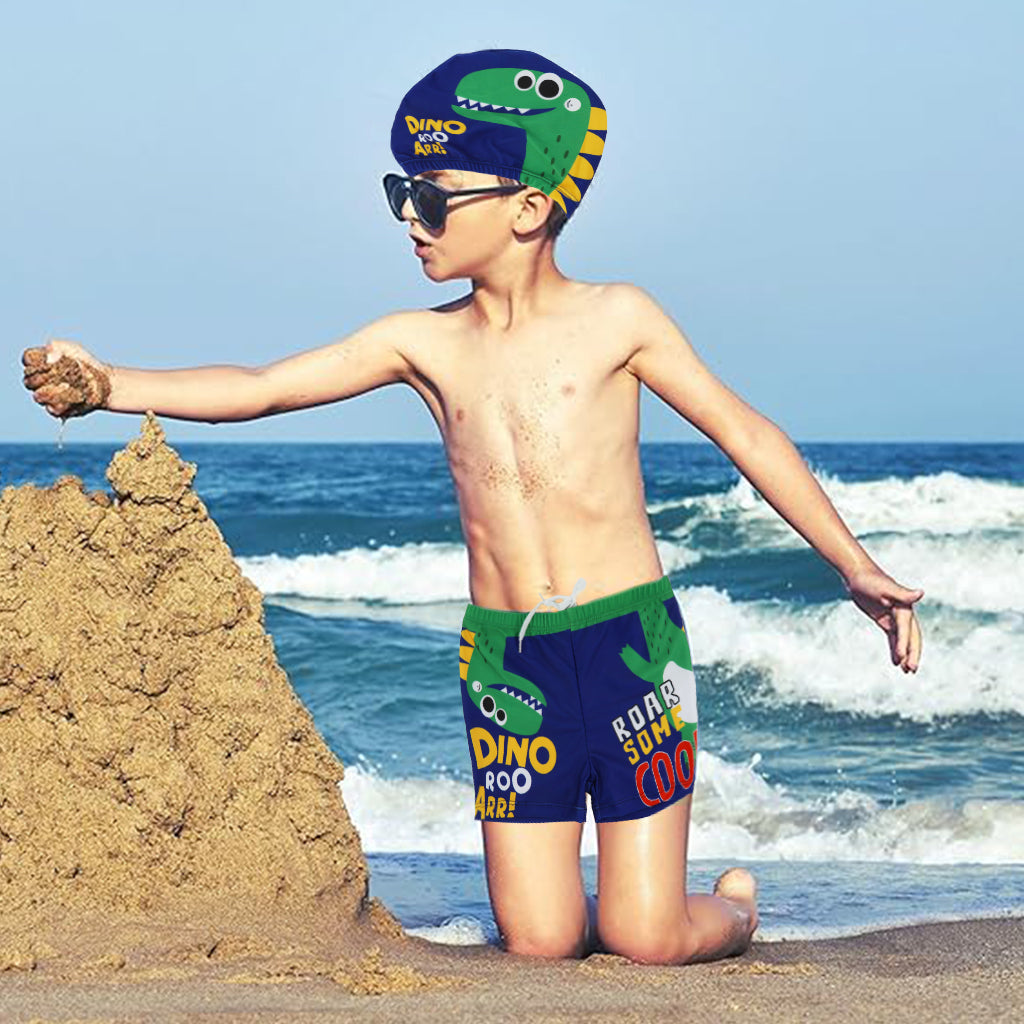 Proberos Boys Swimming Short and Cap Cartoon Dinosaur Polyester Swimming Shorts Elastic Waist Design Summer Swimming Gear for Boys 8-12 Years Old