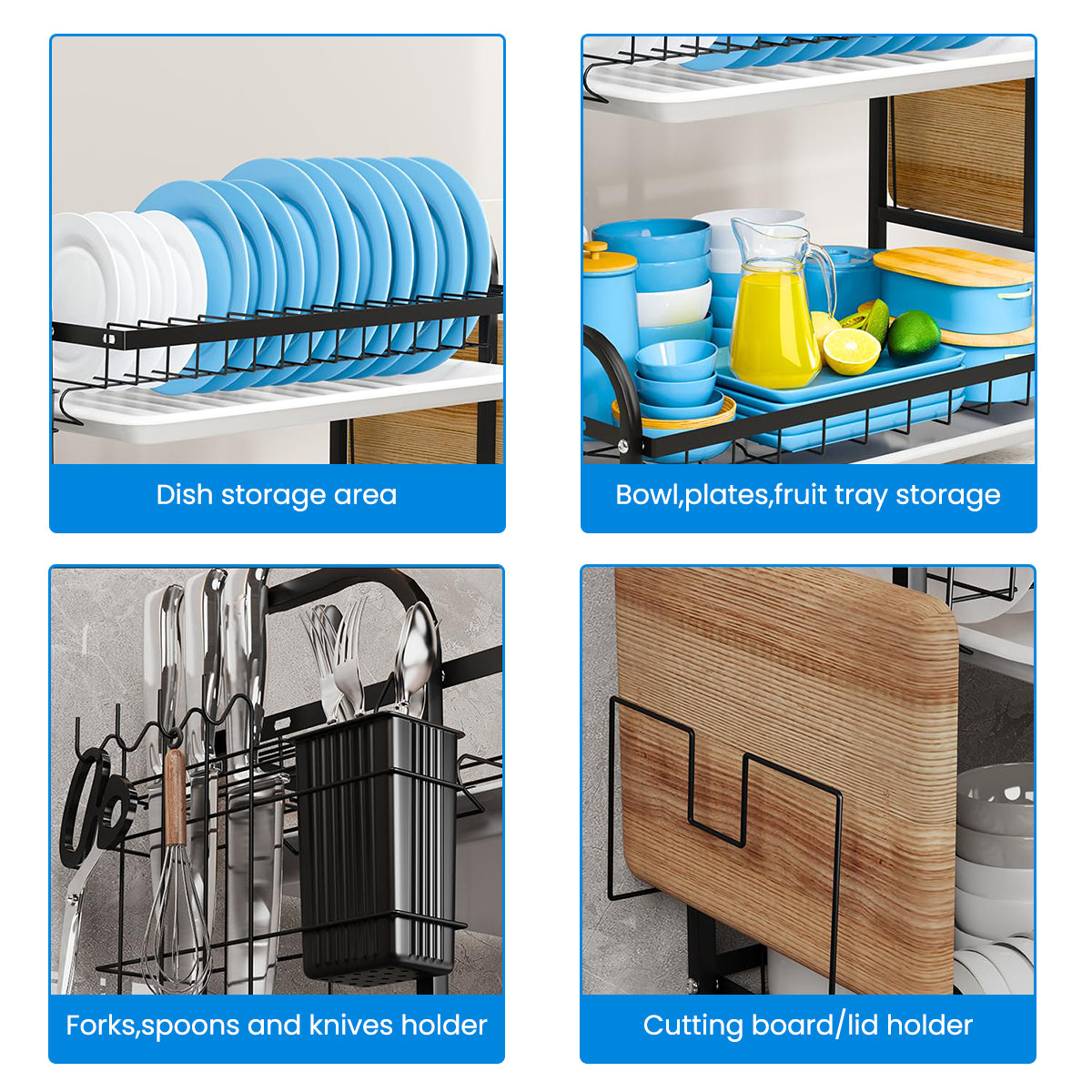 HASTHIP Dish Drying Rack Double Layer Dish Drain Rack Plates Cups Dishes Dry Rack with Removable Water Catch Tray Carbon Steel Kitchen Organizer Modern Kitchen Cutlery Organizer Rack, 43x23.5x39cm
