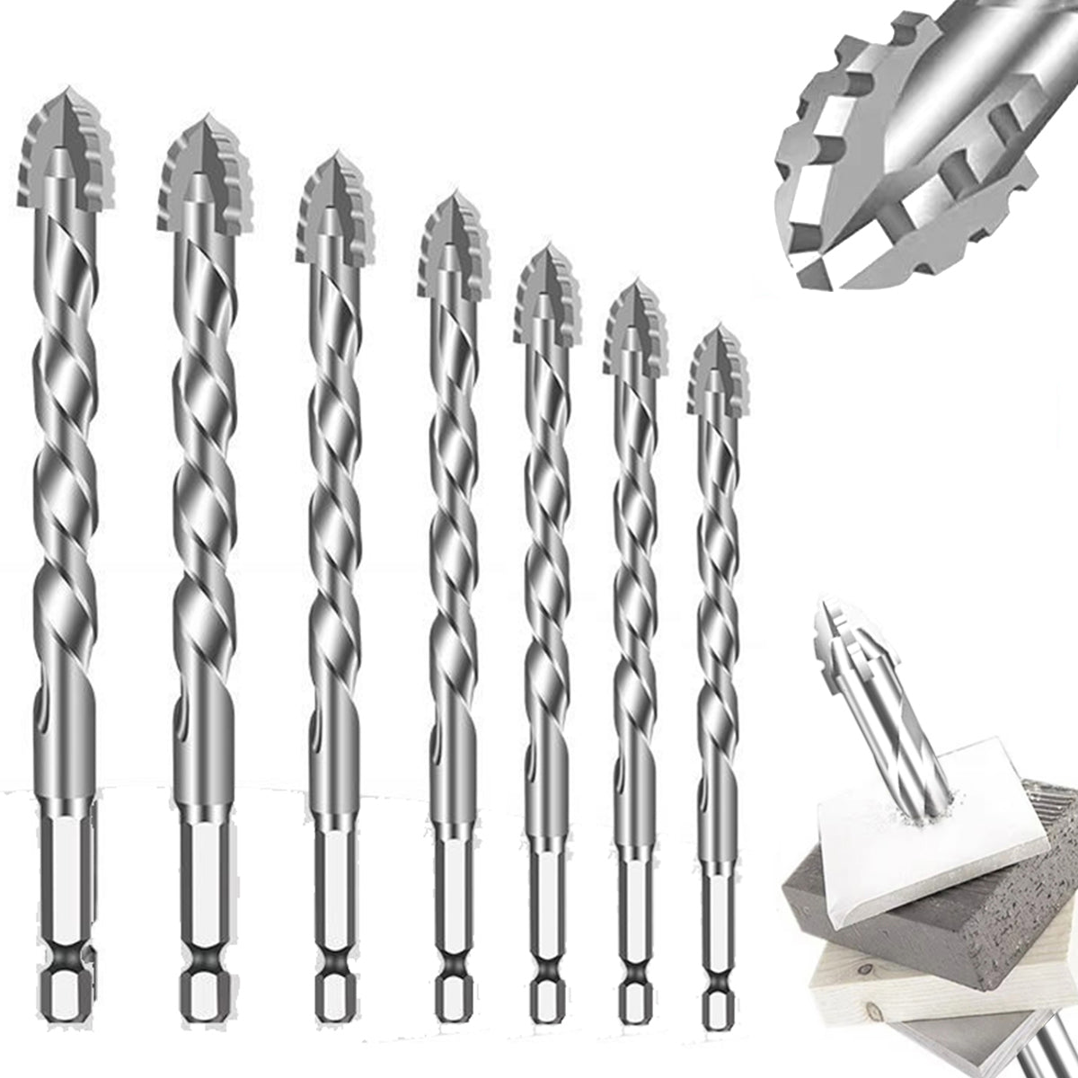 Serplex 7Pcs Alloy Steel Carbide Drill Bits for Ceramic Tiles, Ceramic, Glass, Marble, Concrete, 3/4/5/6/8/10/12mm High Impact 4-Edge Sawtooth Power Drill Bits Hex Shank Hole Opener Drill Bit