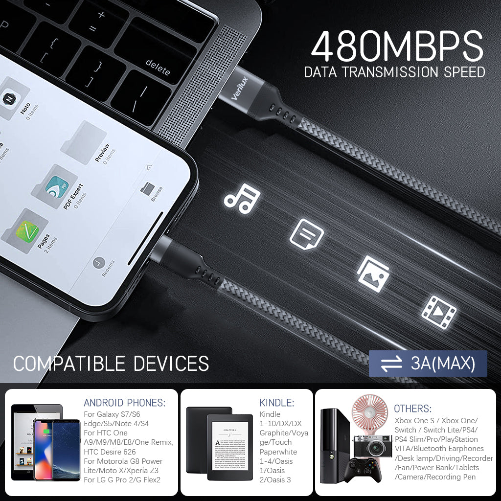 Verilux 10Ft/3M Micro USB Cable, 5V/2A Micro USB Cable Fast Charging, 480Mbps Data Sync Micro USB Data Cable, Nylon Braided charging cable micro usb for Phone, Tablet, Micro USB Port Enabled Mobile