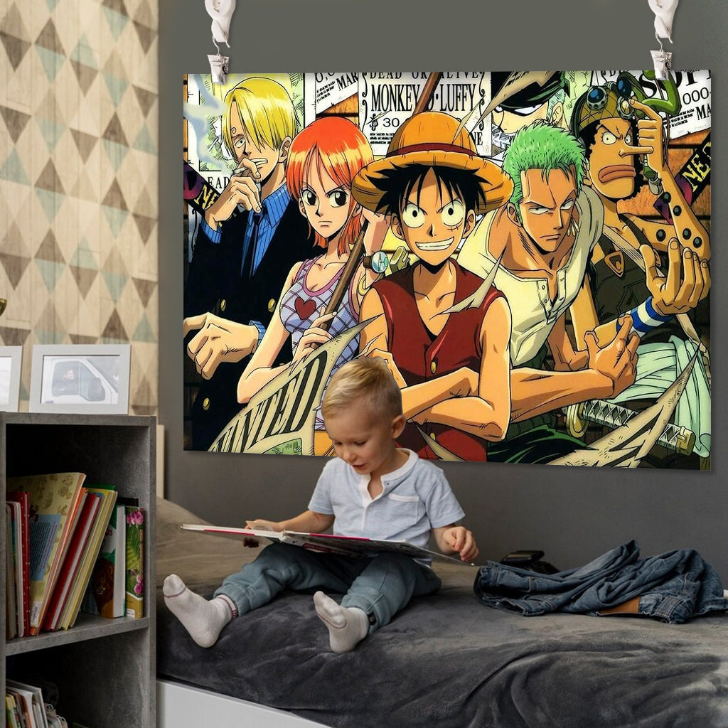 HASTHIP Anime Tapestry, Cartoon Wall Tapestry for Room Decor Monkey D Luffy Group Photo Tapestry Retro Wall Tapestry for Bedroom Livingroom with Installation Accessories, 51x59 inches