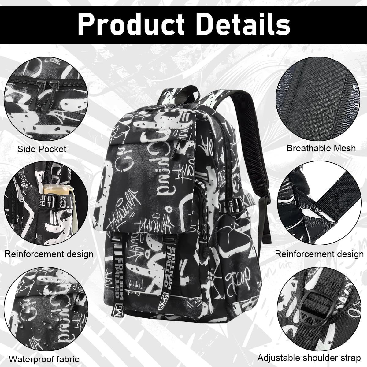 PALAY Travel Backpack Casual Backpack Nylon Backpack School Students Backpack Lightweight Fashion Graffiti Print Black Backpack Outdoor Travel Backpack Laptop Backpack