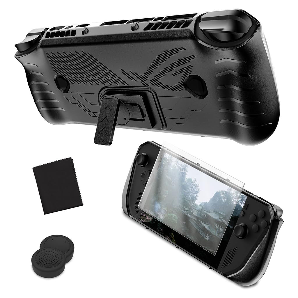 ZORBES Soft TPU Case for ROG Ally X Anti-Scratch Skin Cover with Folding Kickstand Anti-Slip Game Console Cover with Thumbsticks Covers Protective Case for ROG Ally X Gaming Console, Black