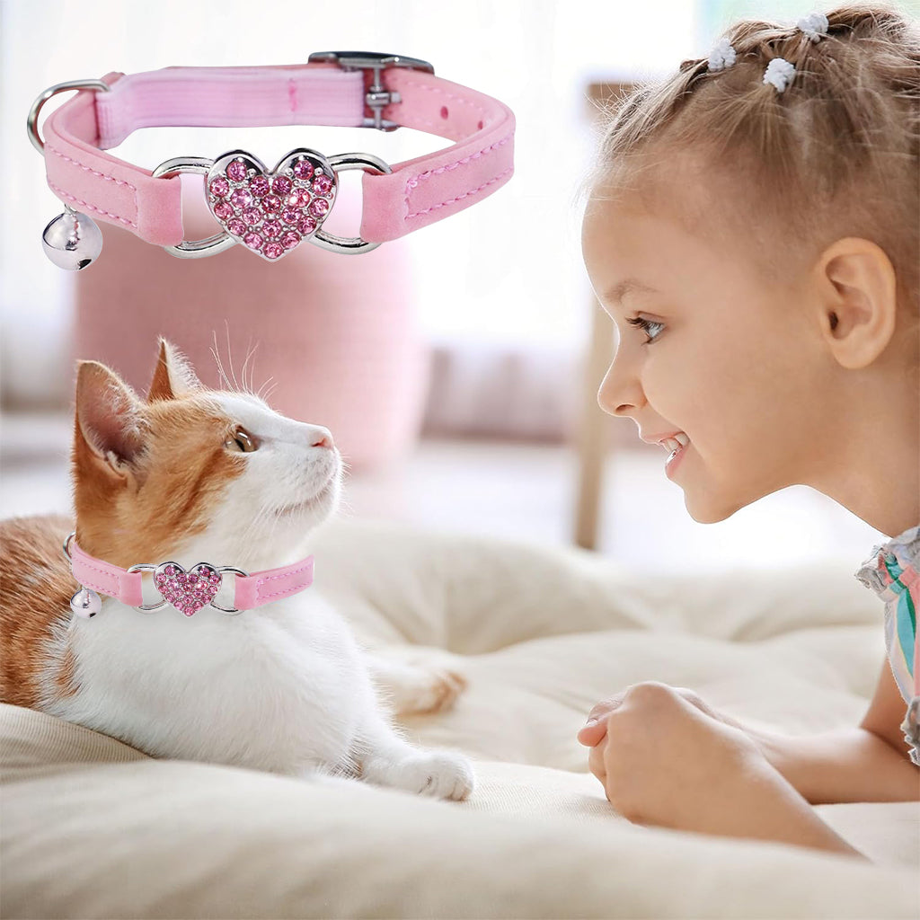 Qpets Cat Collar Bling Bling Cat Collar with Bell & D Ring Pink Rhinestone Embellished Heart Charm Cat Collar Adjustable Pet Collar for Cats Samll Dogs