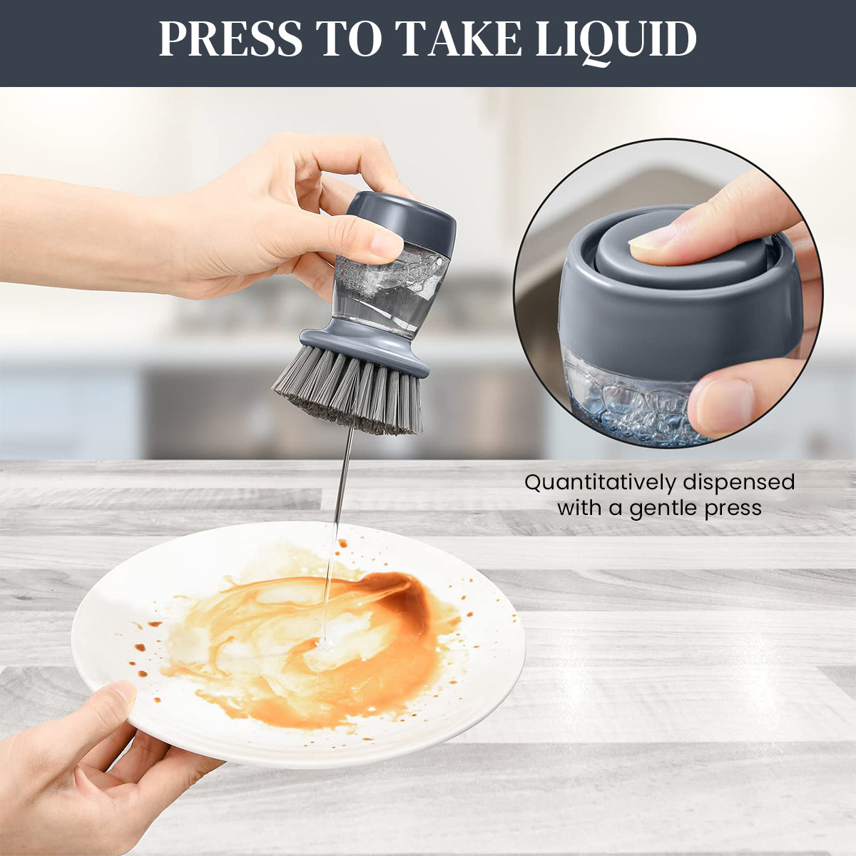 HASTHIP 2 in 1 Liquid Soap Dispenser Kitchen Scrubber Brush with Drip Tray & 2 Replacement Scrub Sponges Kitchen Dish Brush Scouring Pad Brush Pan Scrubber Oil Stain Cleaning Brush