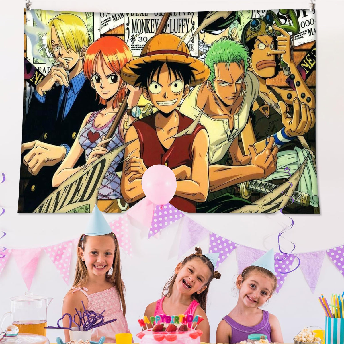 HASTHIP Anime Tapestry, Cartoon Wall Tapestry for Room Decor Monkey D Luffy Group Photo Tapestry Retro Wall Tapestry for Bedroom Livingroom with Installation Accessories, 51x59 inches