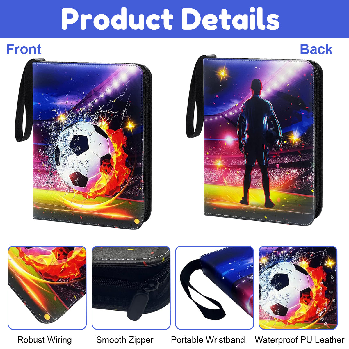 PATPAT 400 Pockets Soccer Card Binder Autographed Cards Storage Bag Waterproof PU Cover Zipper Card Organzier Holder Multi Purpose Card Organizer Bag for Game Trade Cards, Collectible Cards