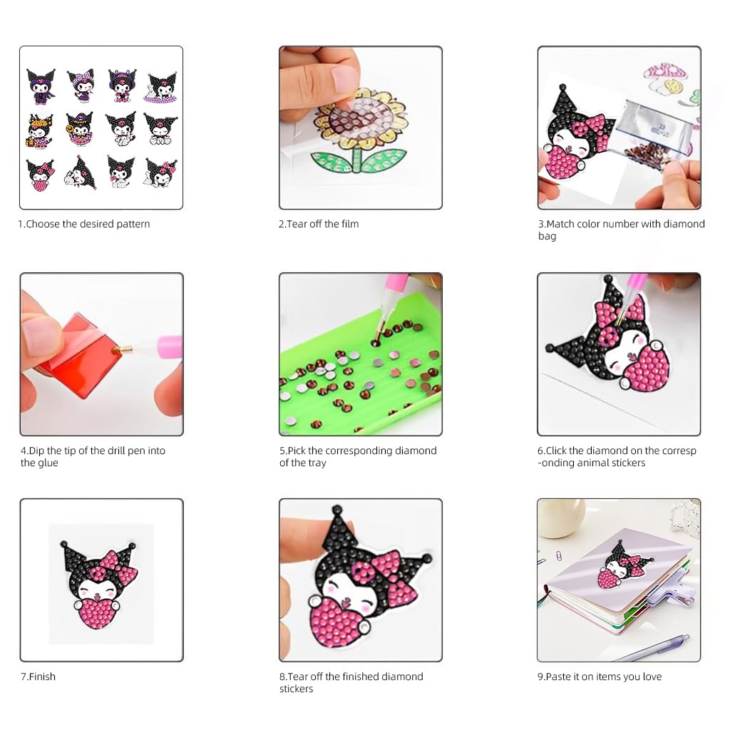 PATPAT DIY Diamond Painting Art Kit Kuromi Diamond Stickers DIY Material Kit with Tools 12Pcs DIY Diamond Painting Cartoon Kuromi Kawaii Stickers for DIY Crafts, Scrapbooking