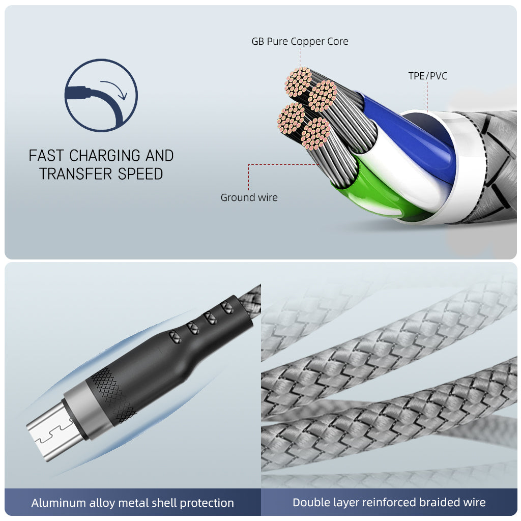 Verilux 10Ft/3M Micro USB Cable, 5V/2A Micro USB Cable Fast Charging, 480Mbps Data Sync Micro USB Data Cable, Nylon Braided charging cable micro usb for Phone, Tablet, Micro USB Port Enabled Mobile