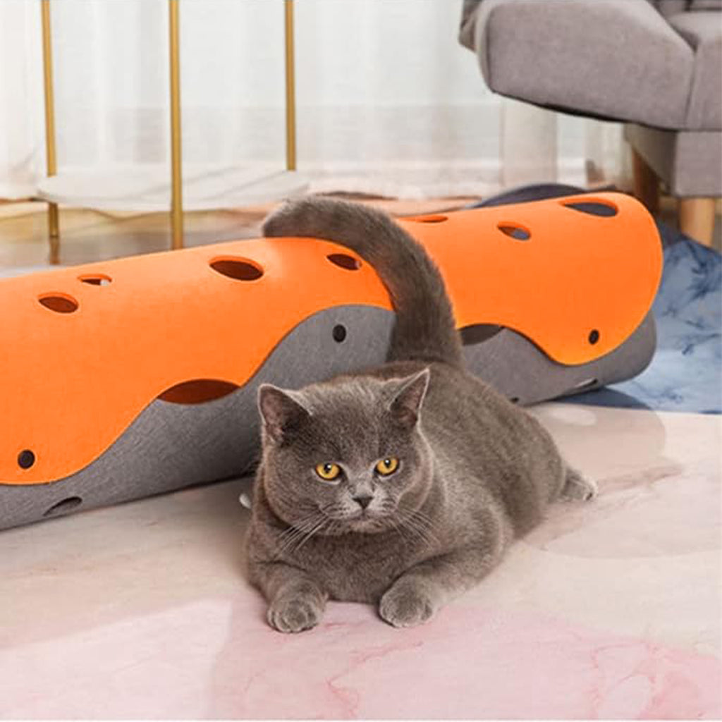 Qpets Felt Cat Tunnel Cat Toy Set of 2 Pieces Assemble Porous Felt Cat Tunnel Dual Color Cut Out Felt Cat Play Hide Cave, 90x 22cm Per One