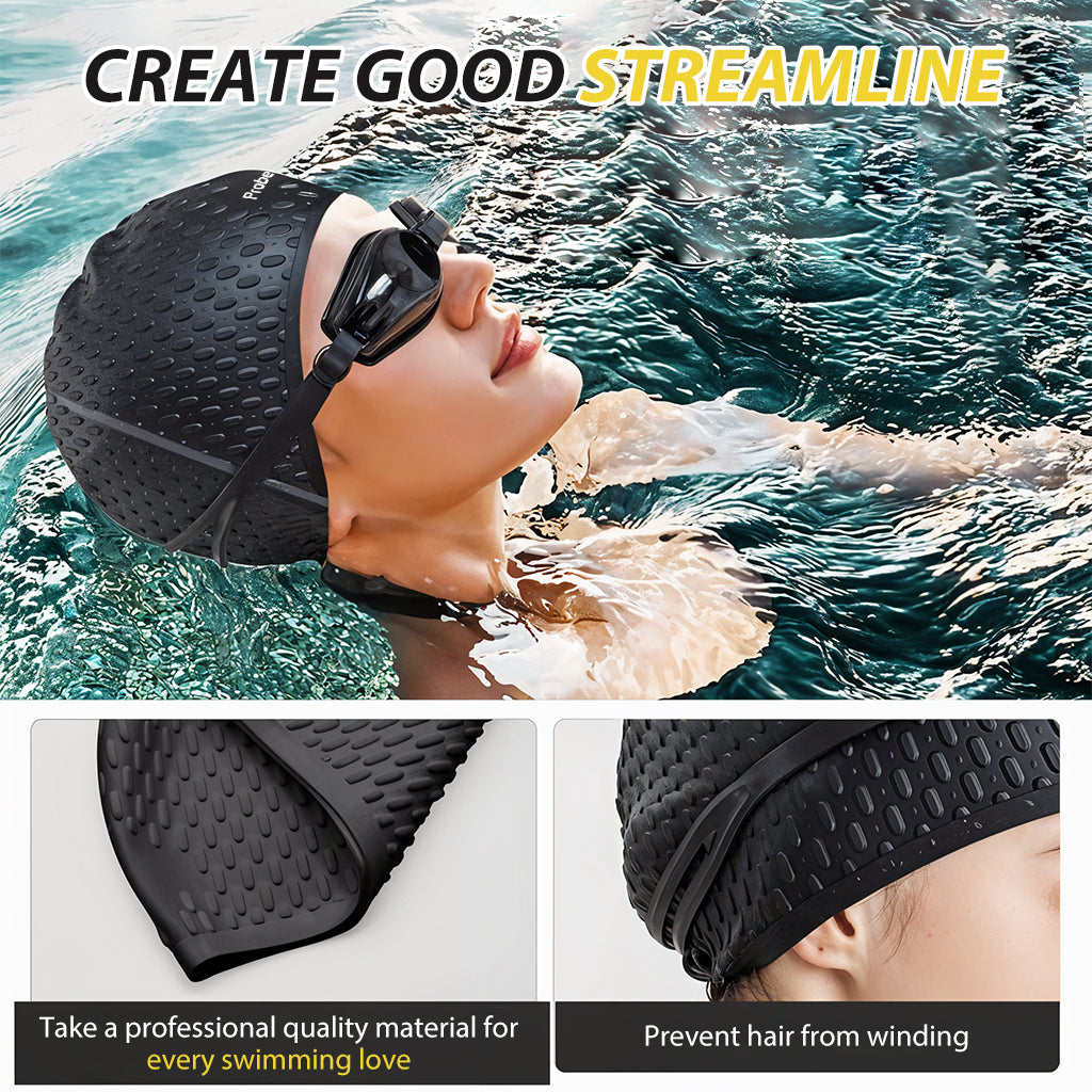 Proberos Silicone Swim Cap, Classic Silicone Swimming Cap for Adults, Swimming Cap Long Hair, Swimming Pool Cap, Waterproof Silicone Swimming Cap for Adult Woman and Men Black