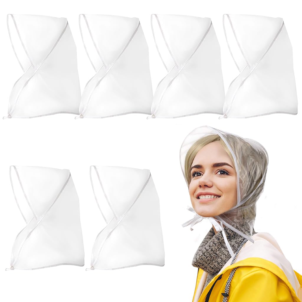 PALAY 6pcs Women Rain Bonnet Wide Brim Rain Cap Easy Tie-up Rain Cap Head Wrap Cover Transparent Rainproof PE Portable Rain Cap Rain Hat
