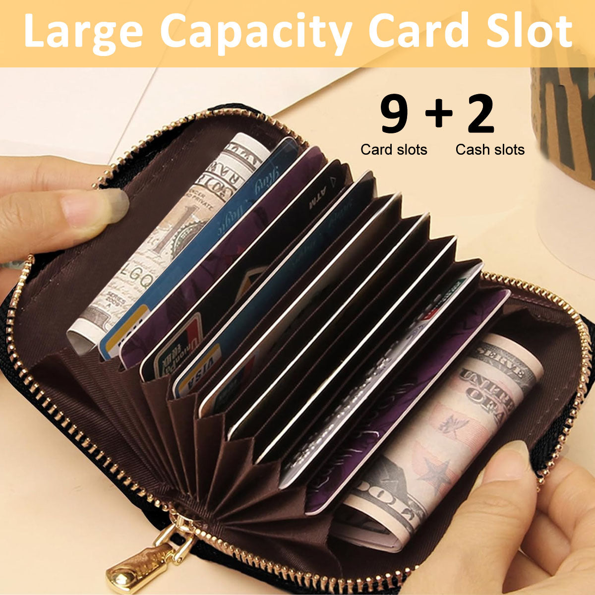 PALAY Women Cards Bag RFID Credit Card Zipper Pouch with 12 Card Slots & 2 Utility Compartment Fashion Little Bee Charm PU Leather Zipper Pouch Card Bag Coin Bag Gift for Women, Black, 10.5x8cm