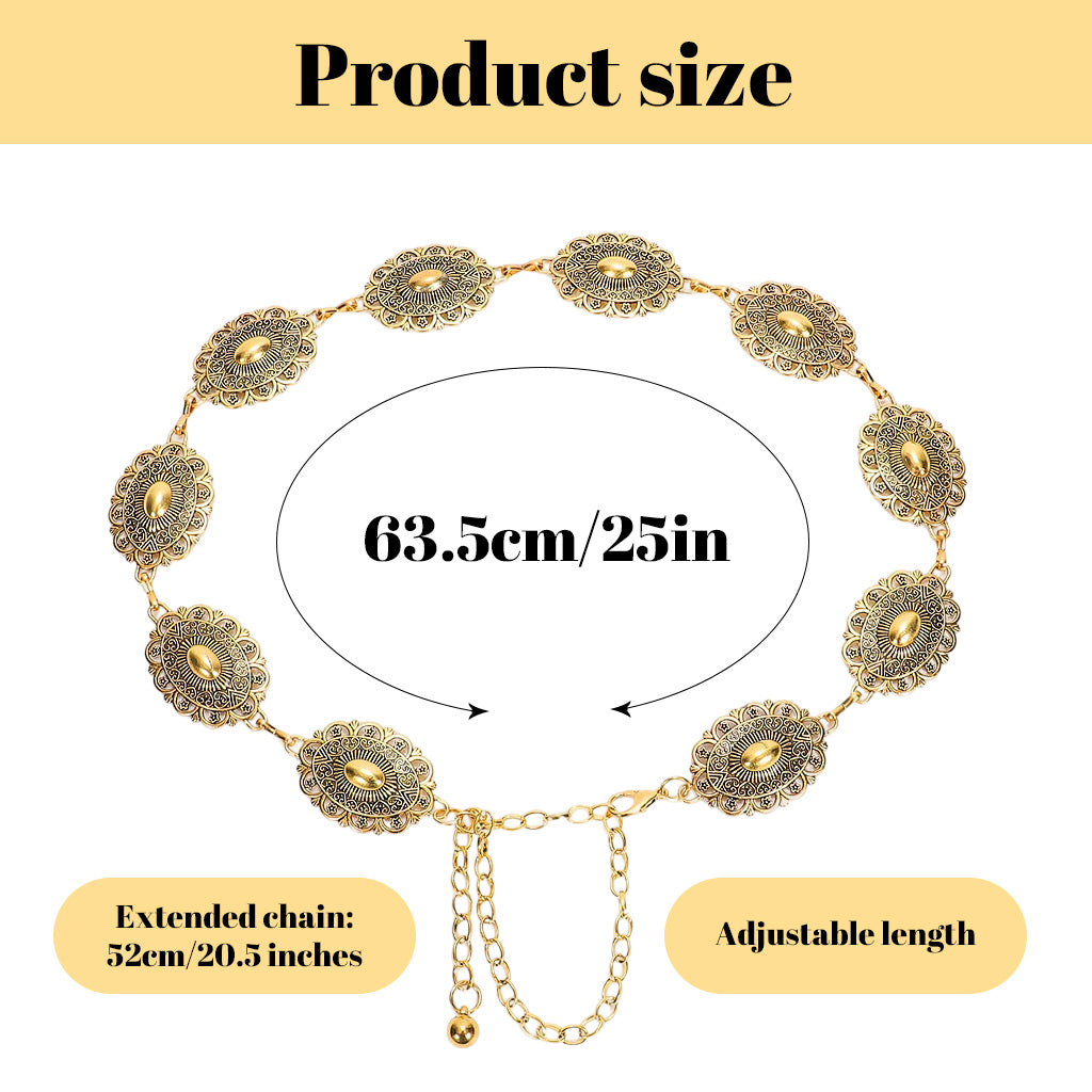 SANNIDHI Boho Waist Belt for Women Vintage Cutout Metal Concho Belt Saree Waist Belt Metal Concho Belt Western Fashion Conchos Adjustable Women Waist Belt