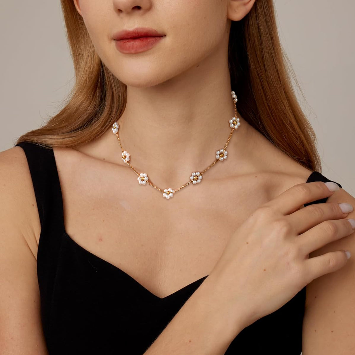 SANNIDHI Pearl Necklace for Women Girls Flower Pendant Necklace with Gift Box Gold Plated Stainless Steel Chain Necklace Jewellery Valentine Birthday Gifts for Women, Girls, Sister, Girlfriend