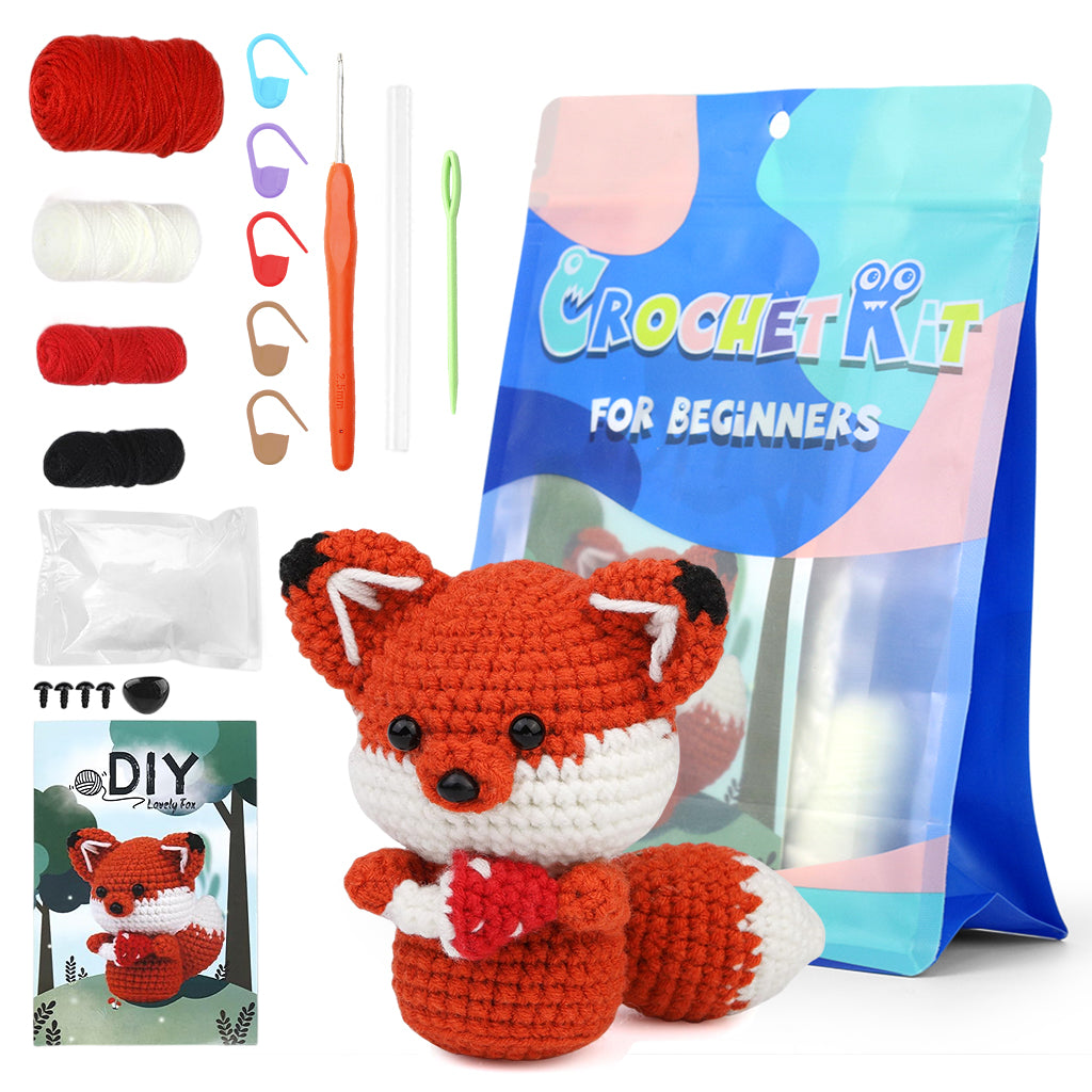 ZIBUYU Crochet Kit for Beginners, Crochet Starter Kit, Fox Crocheting Animals Kits with Crochet Hooks Yarn Polyester Fiber Step-by-Step Video Tutorials, Knitting Kit for Adults