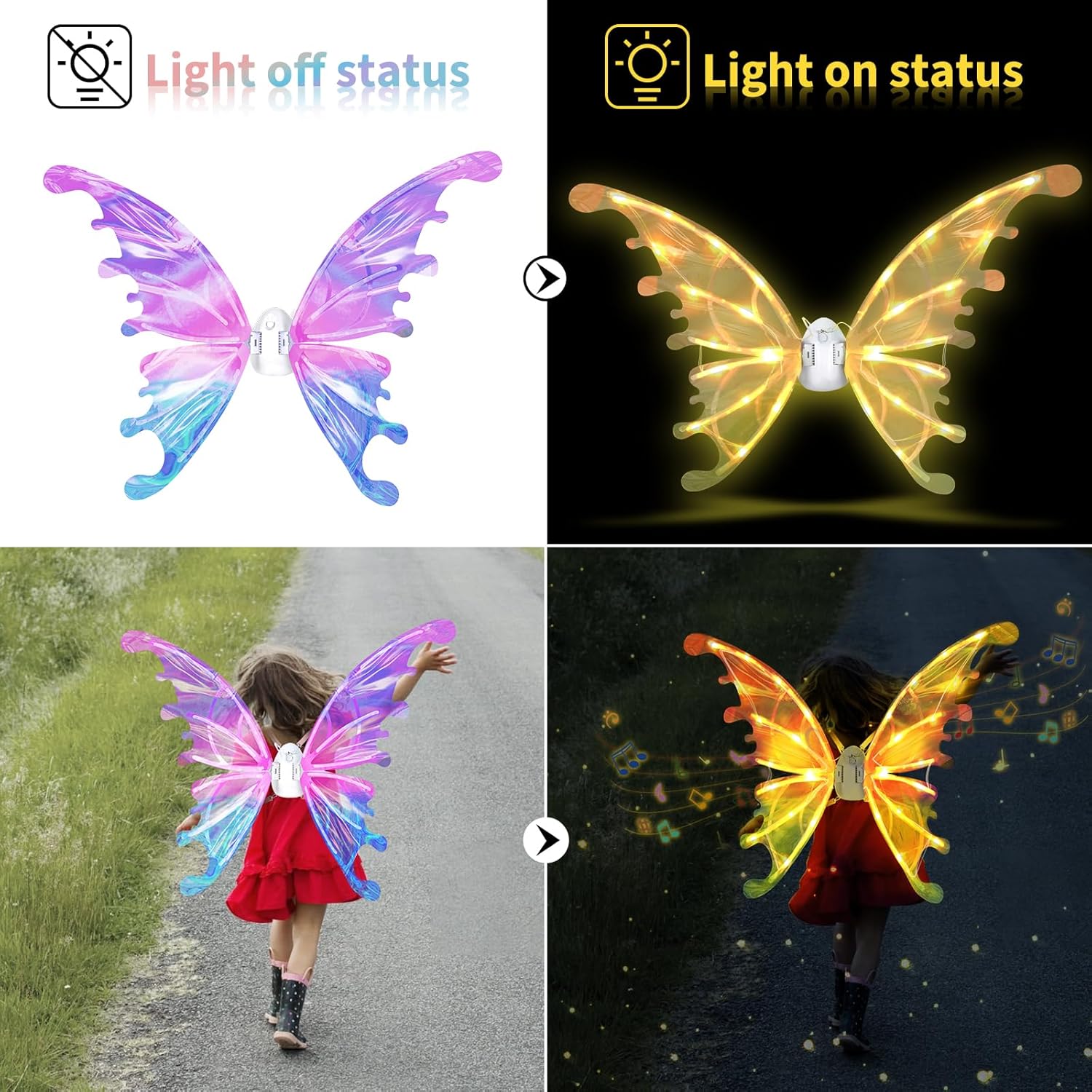 PATPAT® Electric Butterfly Wings for Girls with LED Lights and Music, Light Up Moving Fairy Wings for Halloween Christmas Birthday Party, Princess Cosplay Costume Accessory Gift for Kids 5+ Years
