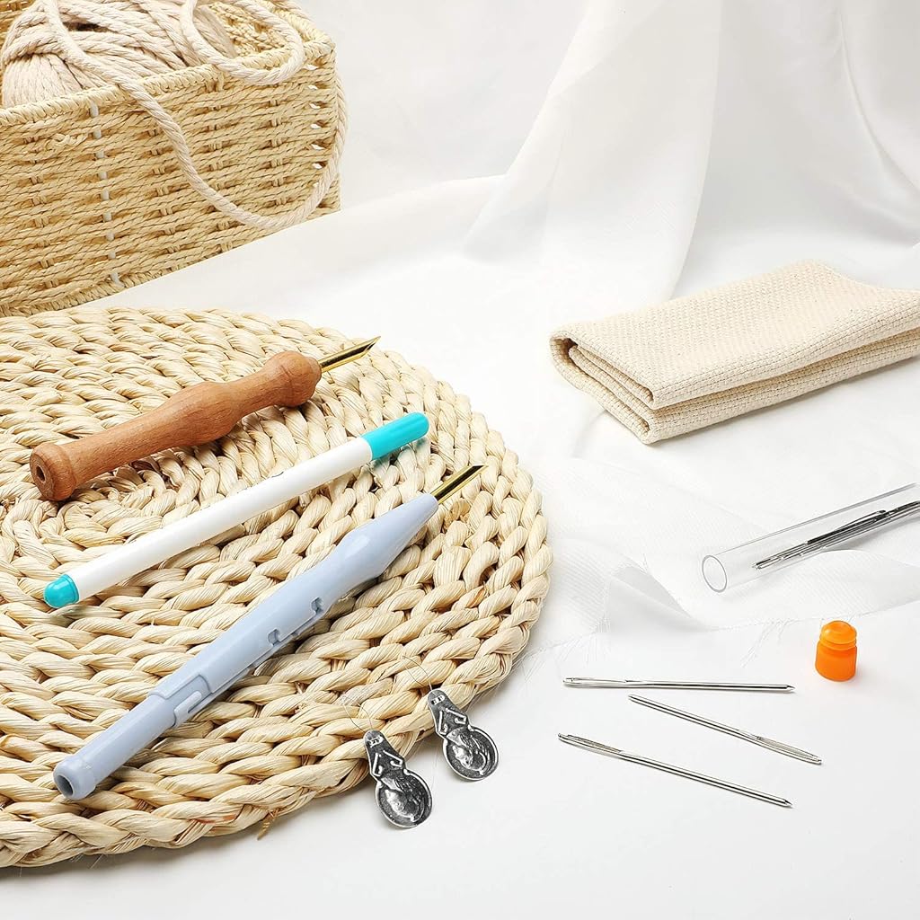 HASTHIP 17 Pieces Fullset Punch Needle Embroidery Starter Kits Rug Punch Needle Tool Threader Fabric Embroidery Hoop Yarn Punch Needle for Beginner