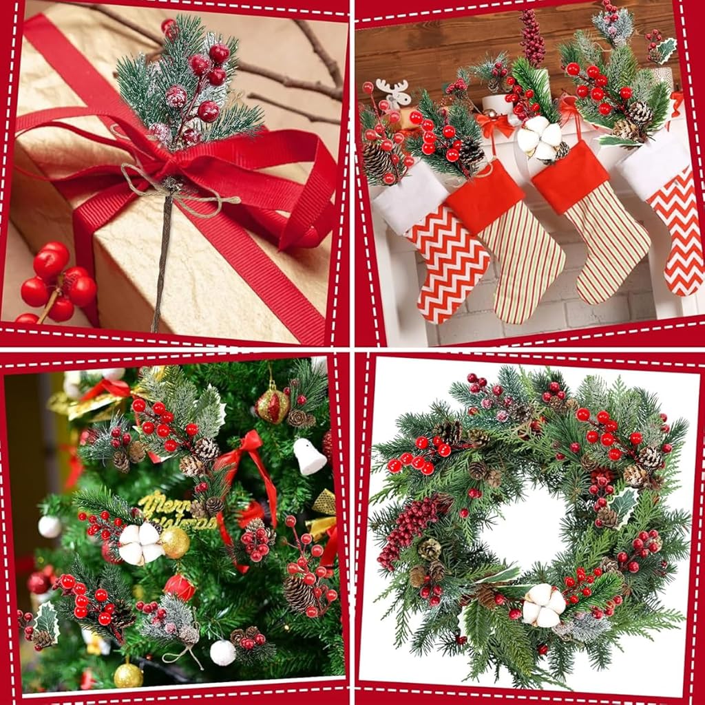 HASTHIP 5Pcs Christmas Red Berries Branches with Pinecones for Christmas Decorations 7.87 Inches Artificial Large Red Berry Pine Branches for Xmas Tree, Christmas Garland Wreath, DIY Craft Home Decor