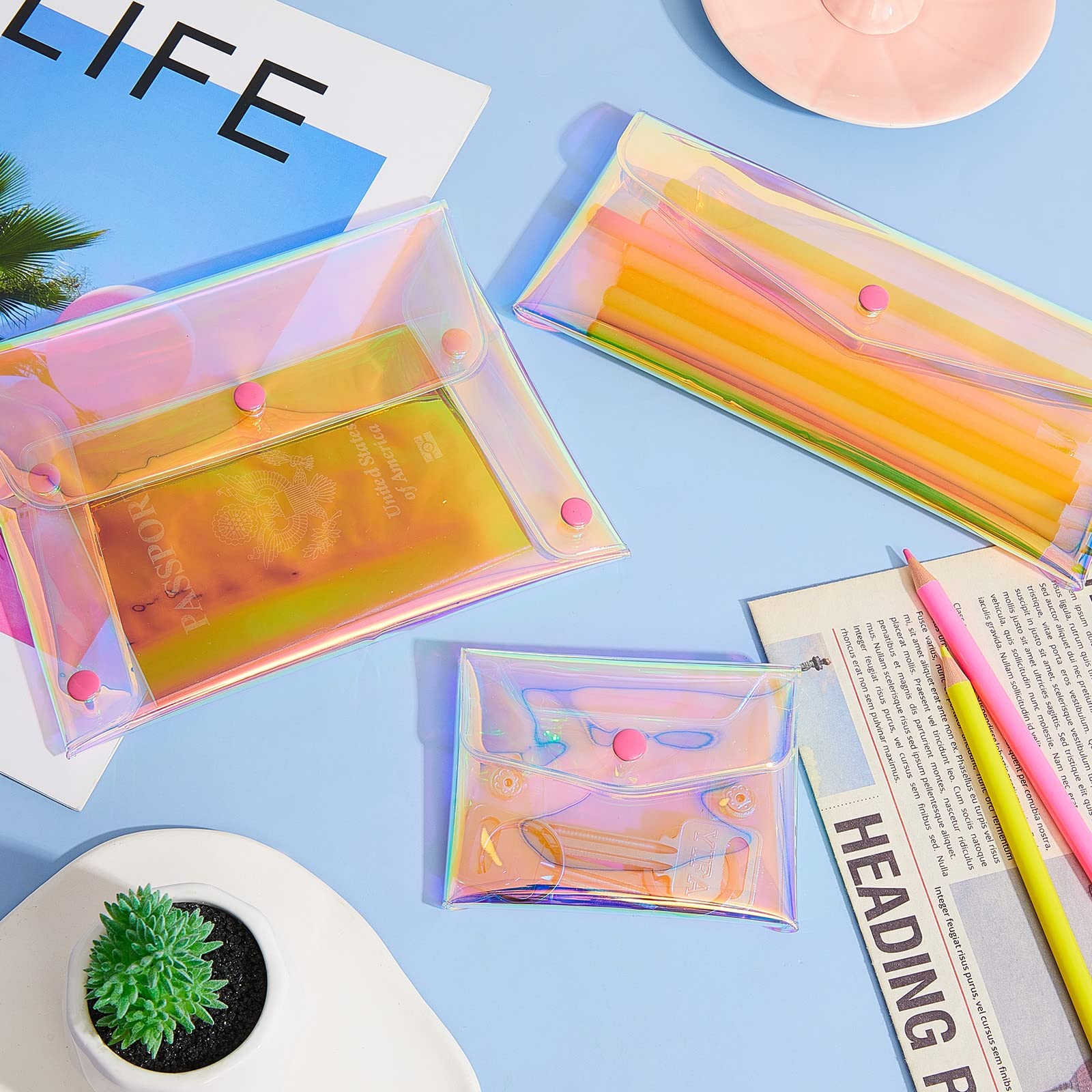 MAYCREATE 3 Pack Holographic Pouch Clear Makeup Bag Coin Purse Pencil Pouches, Iridescent Cosmetic Storage Bag Jewelry Accessories Organizer for Girls Women Kids - Snap Button, Mix Sizes